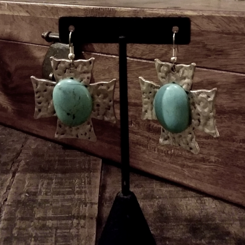 Gravy Train Silver Cross Earrings with Turquoise